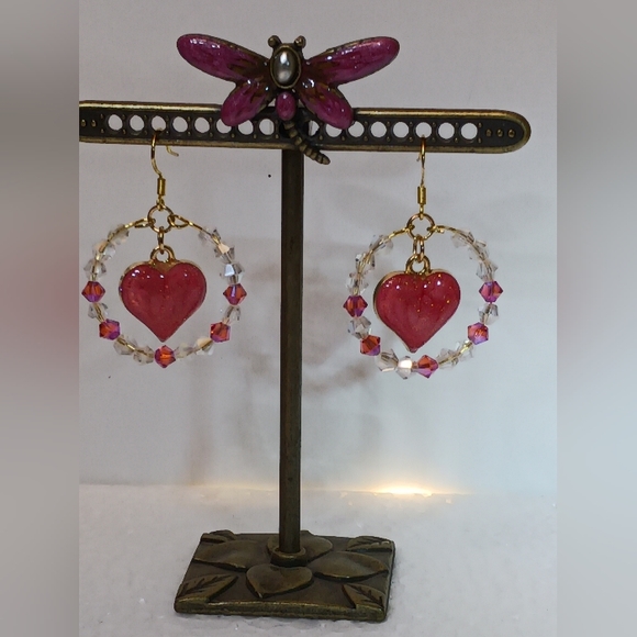 Earrings Pink Enameled Heart charm, clear and pink crystals on  gold-plate wires - Picture 1 of 6